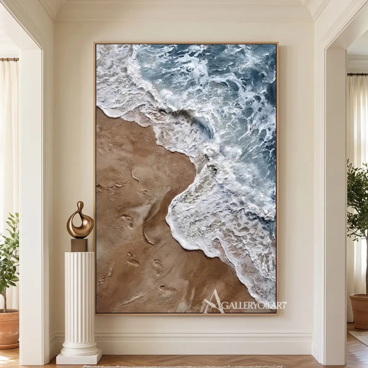 Sea Beach foaming shoreline and rolling water in blue, white, and sand relief-in-hallway