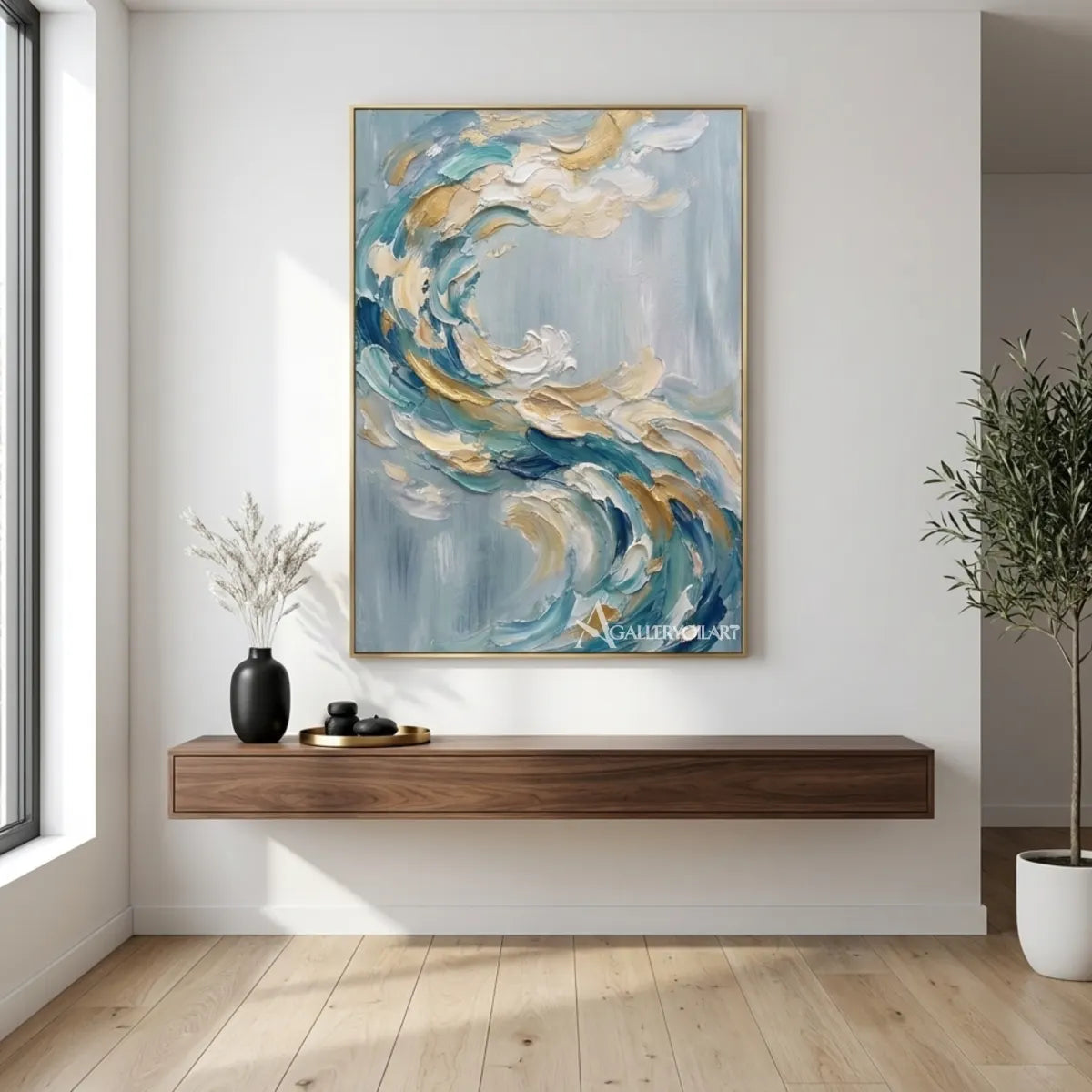 Textured-3D-curling-abstract-wave-blue-wall-art-in-entryway