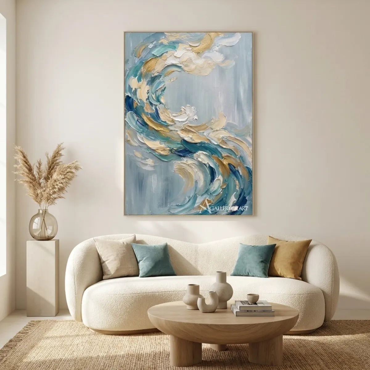 Textured-3D-curling-abstract-wave-blue-wall-art-in-gallery-interior