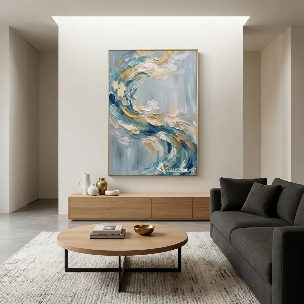 Textured-3D-curling-abstract-wave-blue-wall-art-in-interior-setting