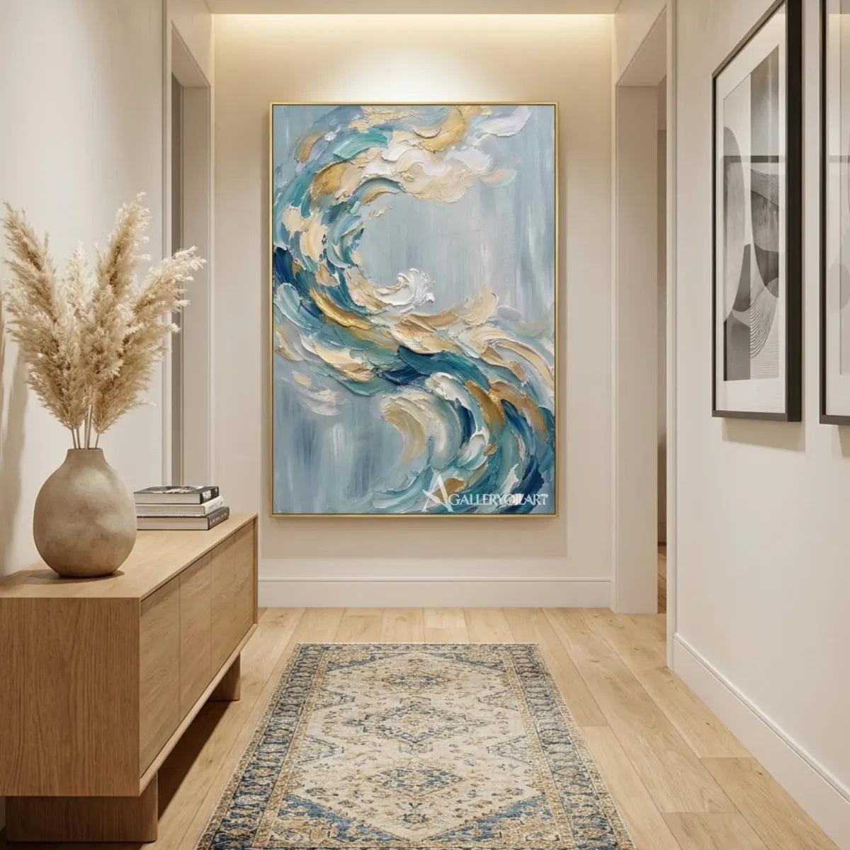 Textured-3D-curling-abstract-wave-blue-wall-art-in-transitional-interior