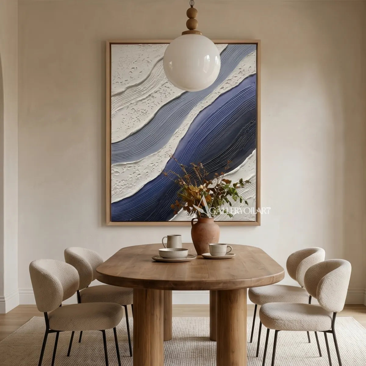 flowing raised bands sweeping diagonally across the canvas in blue and ivory textured 3d art wall art in a studio setting