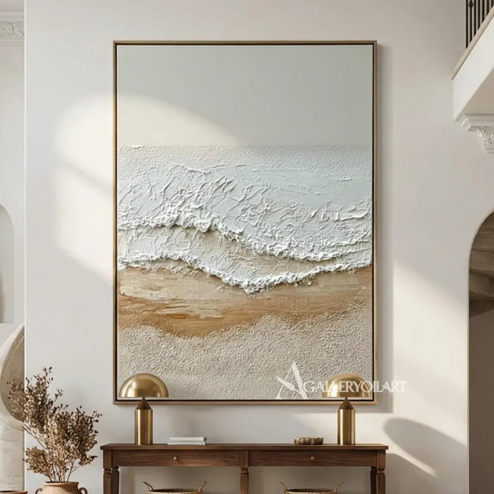 Textured-beige-tidal-shoreline-sea-beach-wall-art-over-a-console