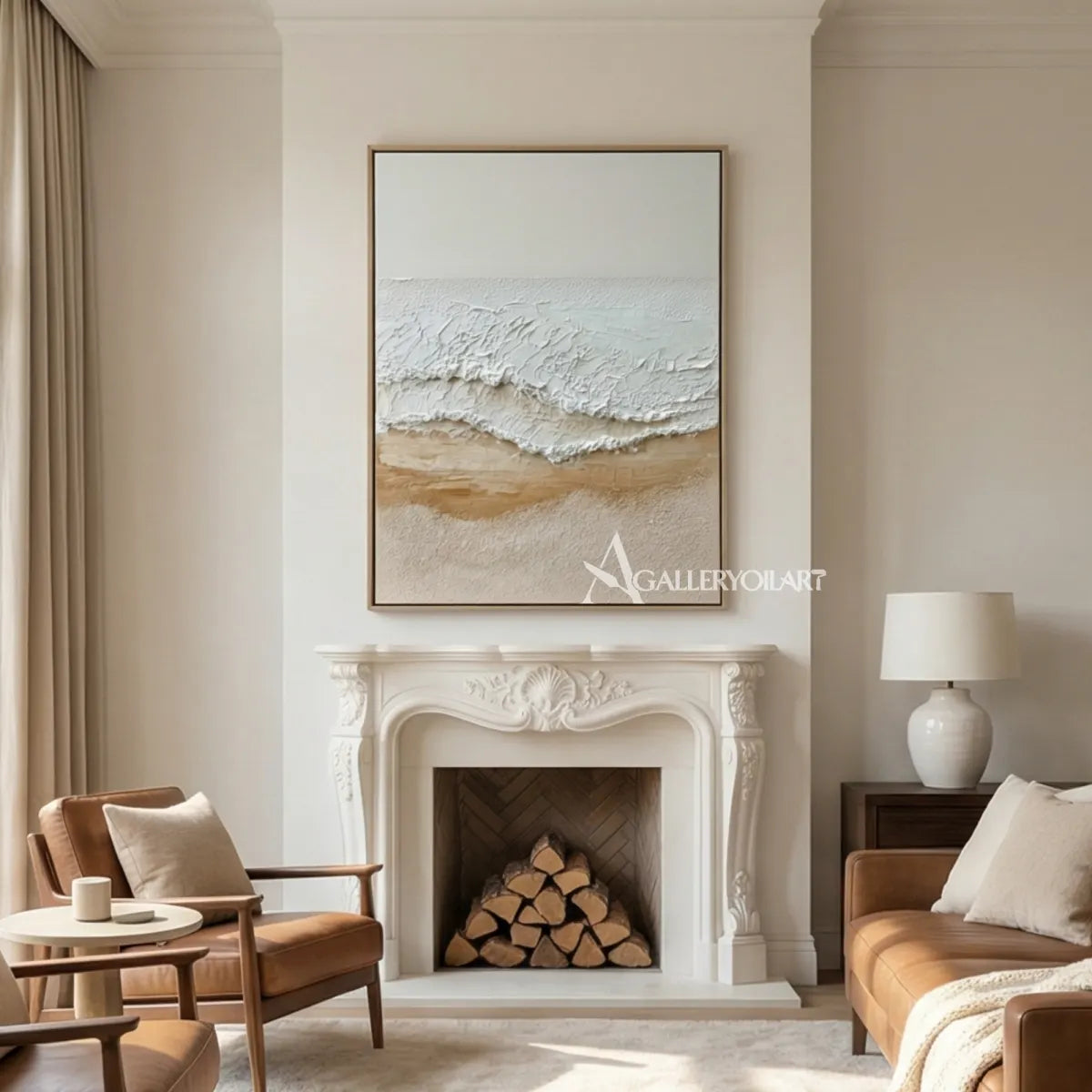 Textured-beige-tidal-shoreline-sea-beach-wall-art-over-a-fireplace