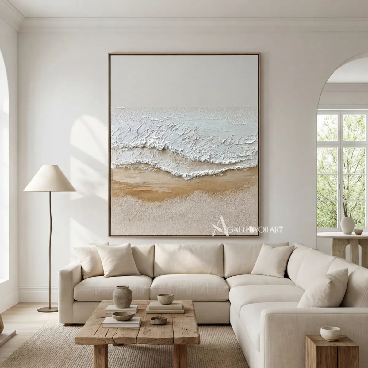 Textured-beige-tidal-shoreline-sea-beach-wall-art-in-a-bright-living-room