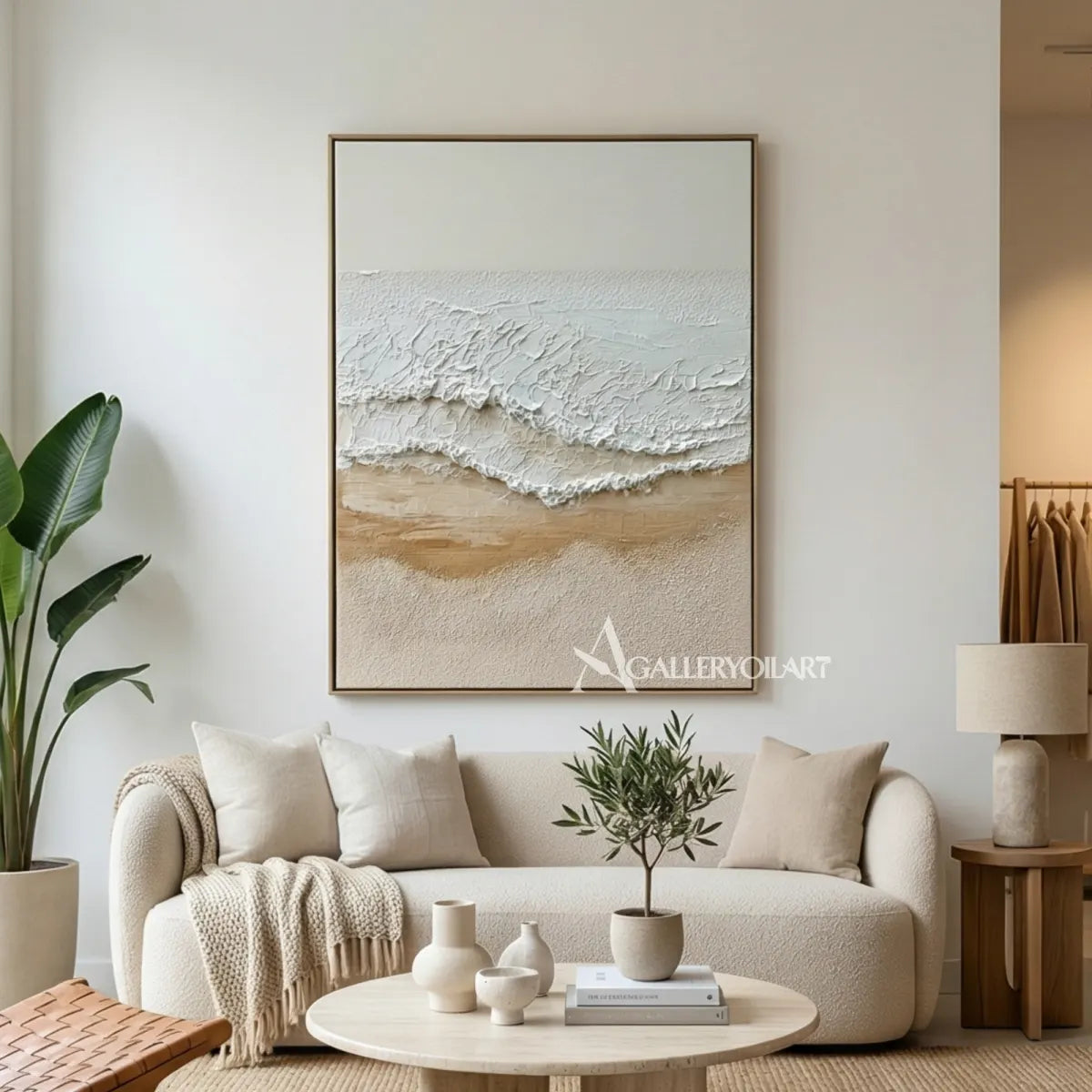 Textured-beige-tidal-shoreline-sea-beach-wall-art-above-a-sofa