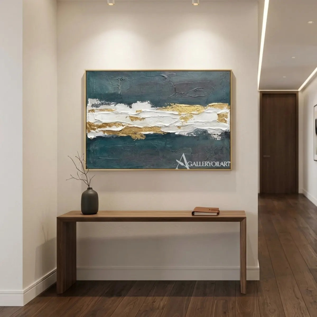 Textured-3D-layered-tidal-strata-in-blue-and-white-with-gold-accents-in-an-entryway