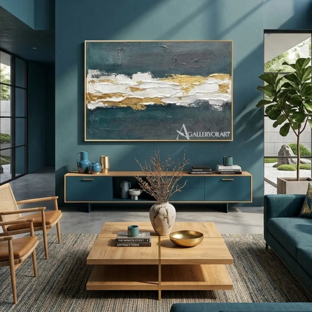 Textured-3D-layered-tidal-strata-in-blue-and-white-with-gold-accents-in-a-modern-room
