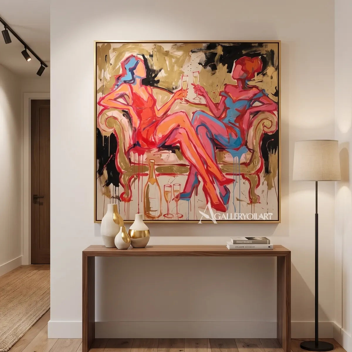 Pop-Art-toasting-figures-in-a-modern-transitional-corridor-with-red-orange-and-blue-brushwork