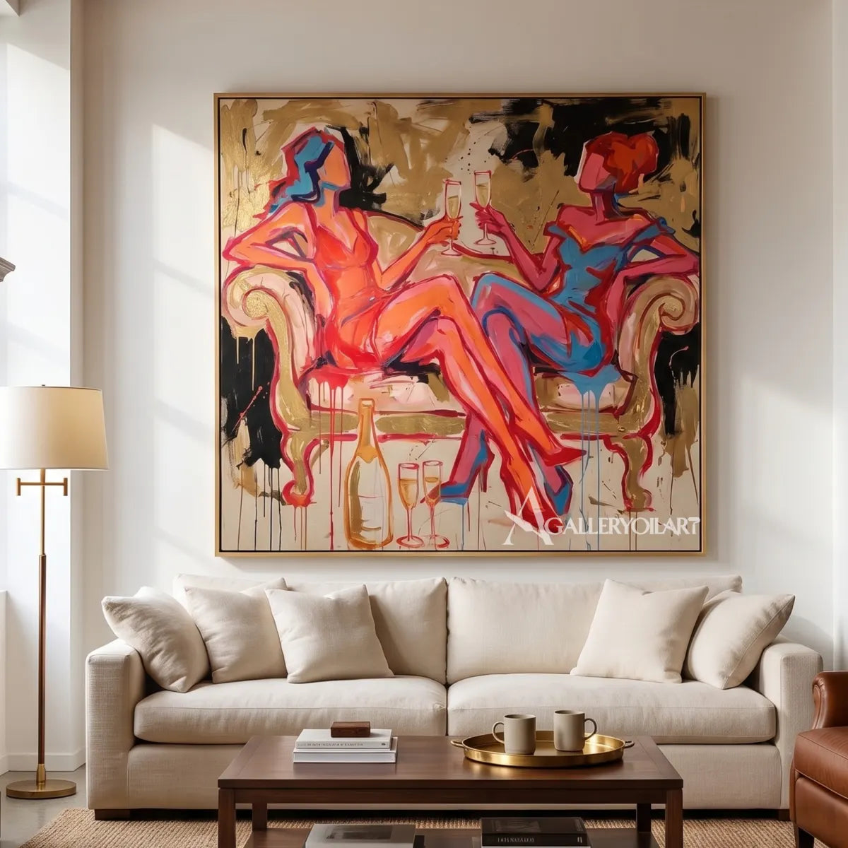Pop-Art-toasting-figures-in-a-private-lounge-with-red-orange-and-blue-brushwork