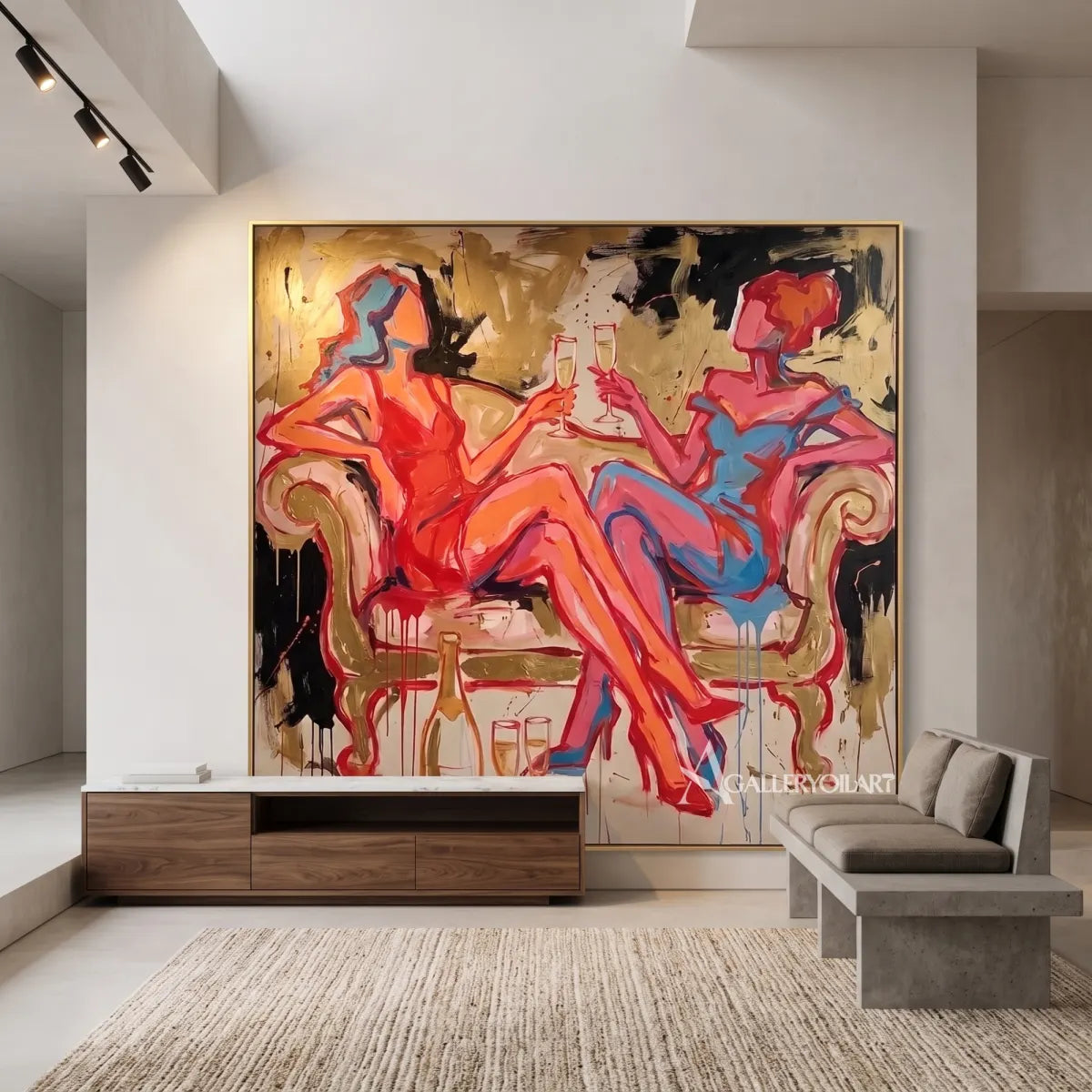 Pop-Art-toasting-figures-in-a-minimalist-architectural-interior-with-red-orange-and-blue-brushwork