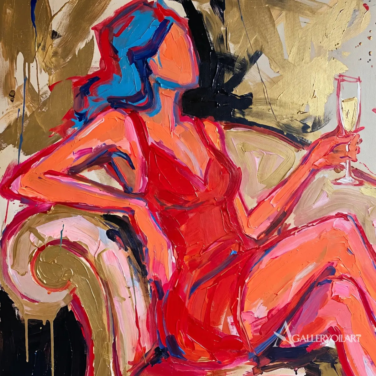 Pop-Art-toasting-figures-close-up-with-red-orange-and-blue-impasto-brushwork