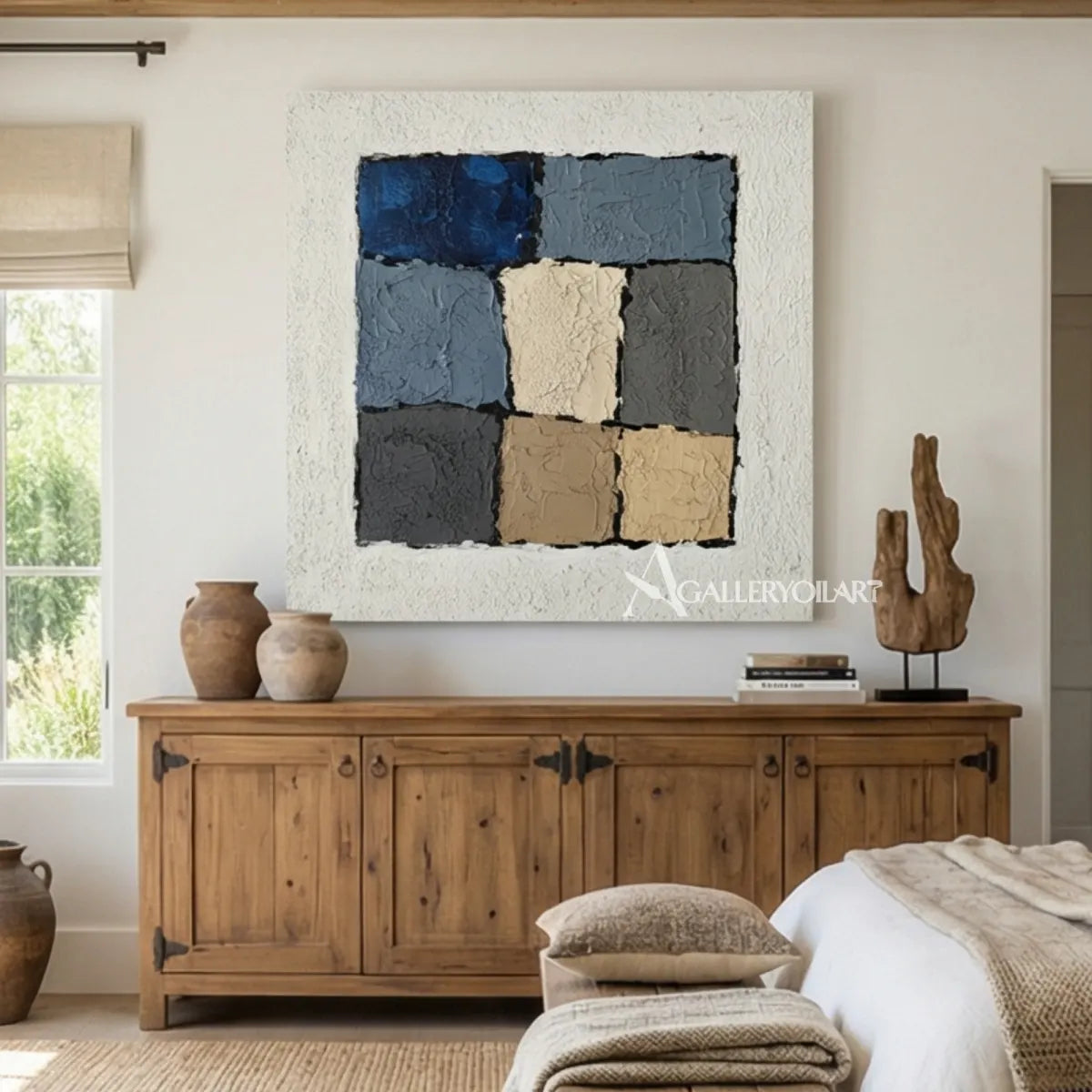 Textured-tonal-block-Abstract-Blue-wall-art-in-a-bedroom