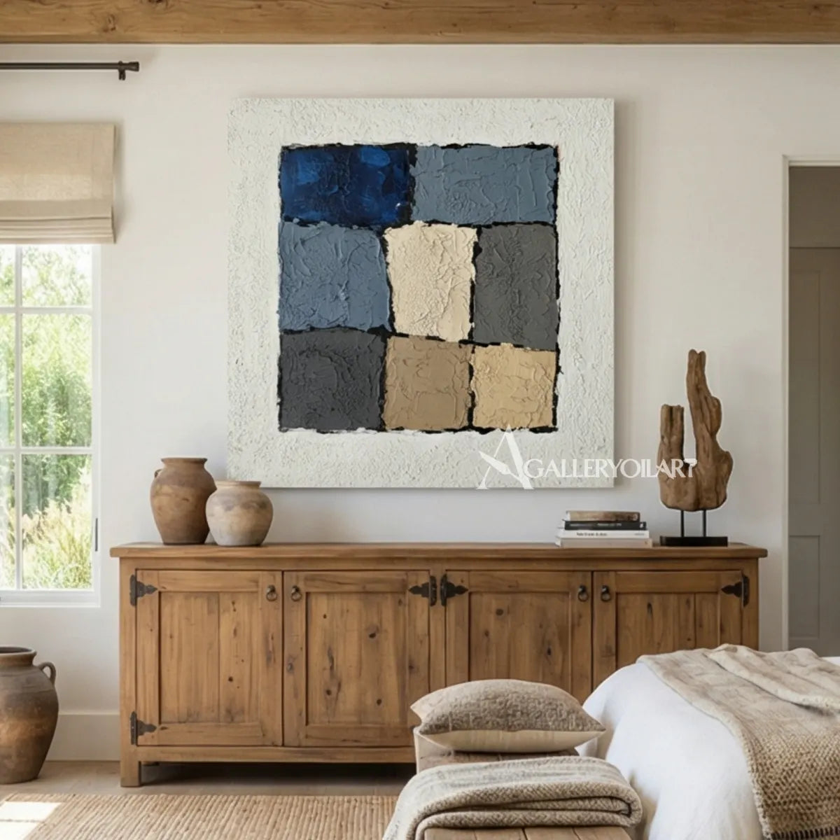 Textured-tonal-block-Abstract-Blue-wall-art-over-a-console