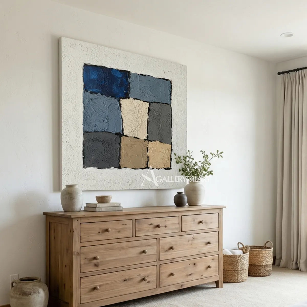 Textured-tonal-block-Abstract-Blue-wall-art-above-a-dresser