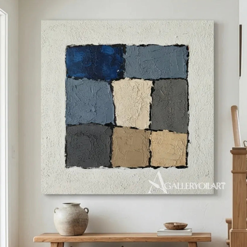 Textured-tonal-block-Abstract-Blue-wall-art-in-an-entryway