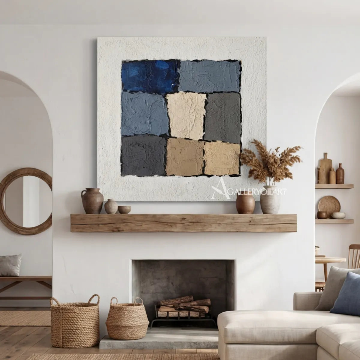 Textured-tonal-block-Abstract-Blue-wall-art-over-a-fireplace