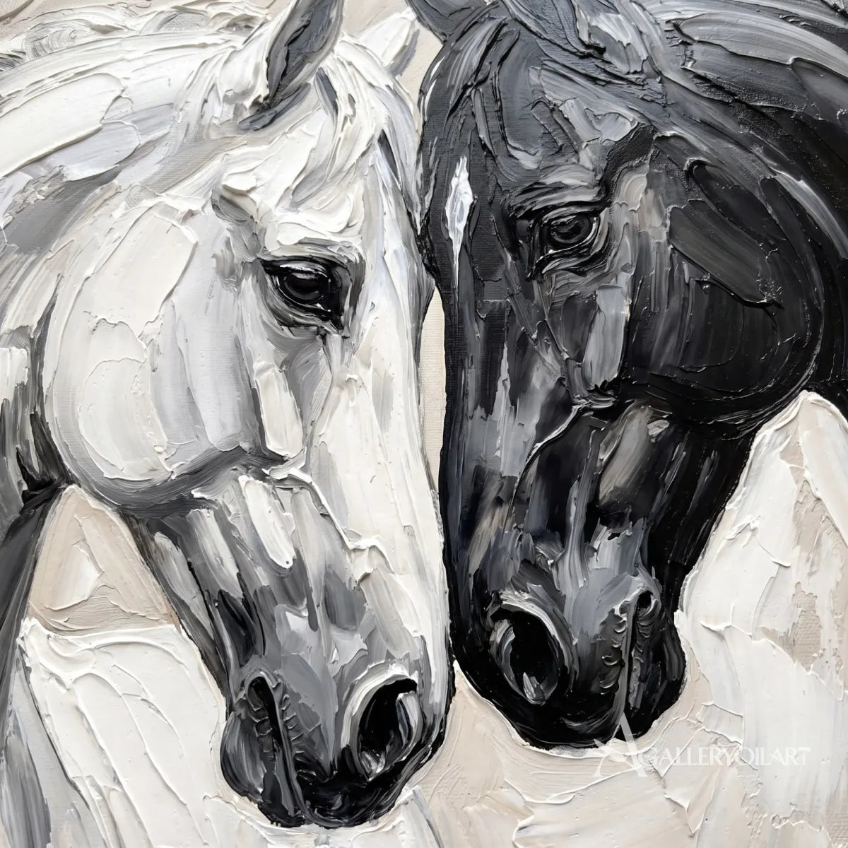 two horses meeting in a close, attentive portrait-animal-black-painting-detail