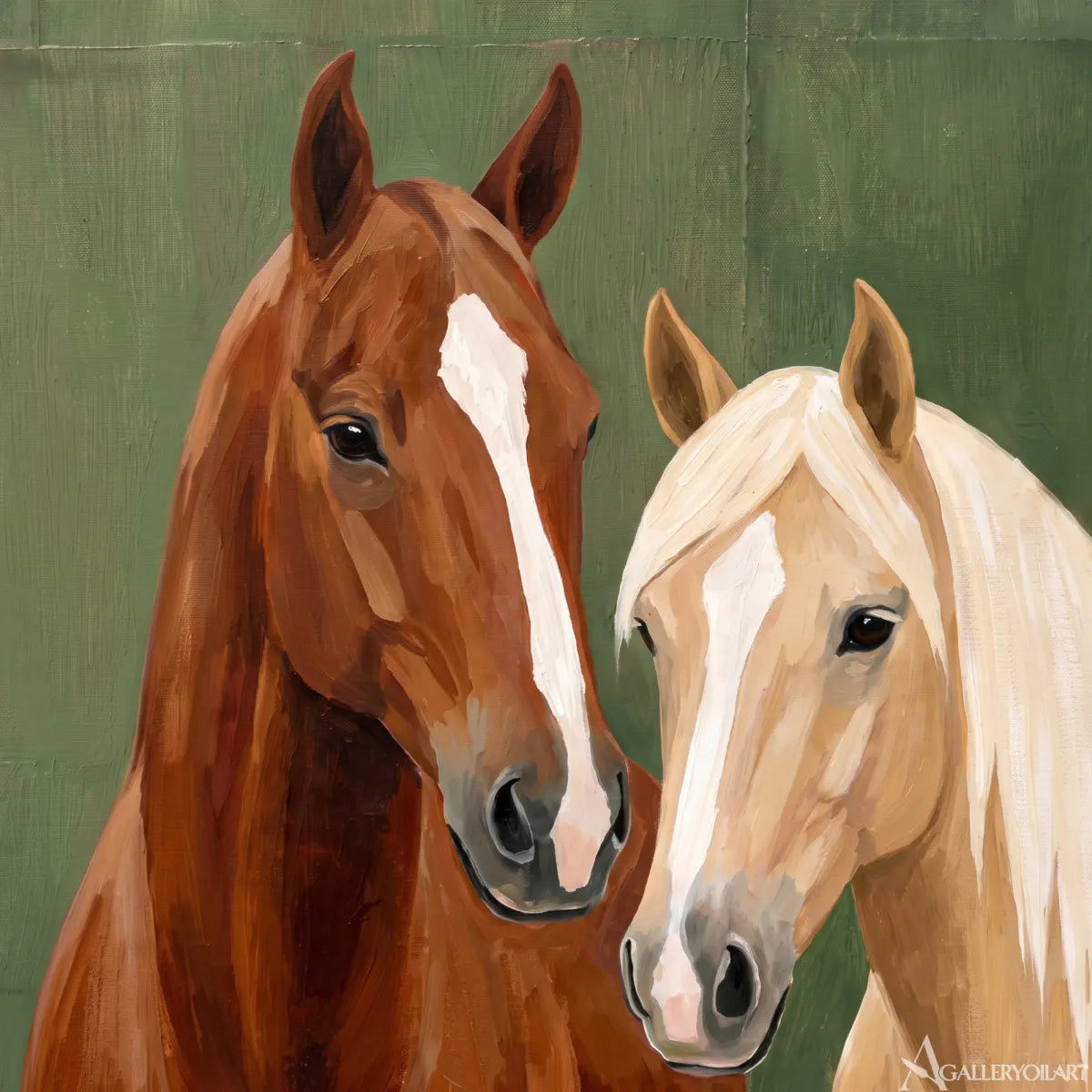 Animal art portrait of two horses in a calm green setting-in-detail