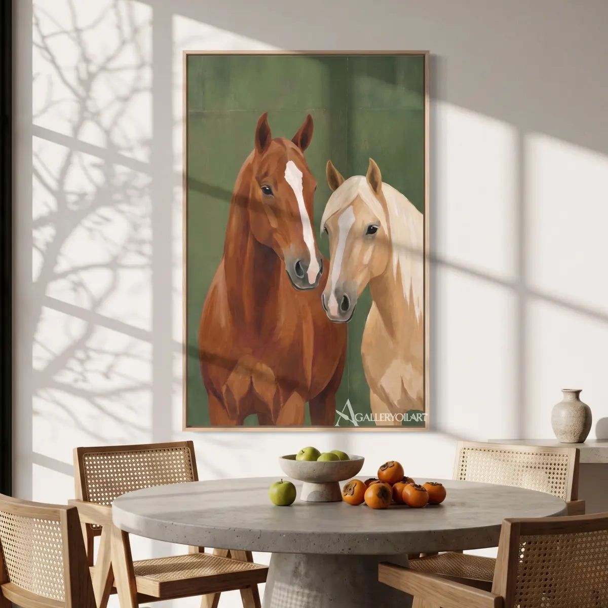 Animal art portrait of two horses in a calm green setting-in-dining-room