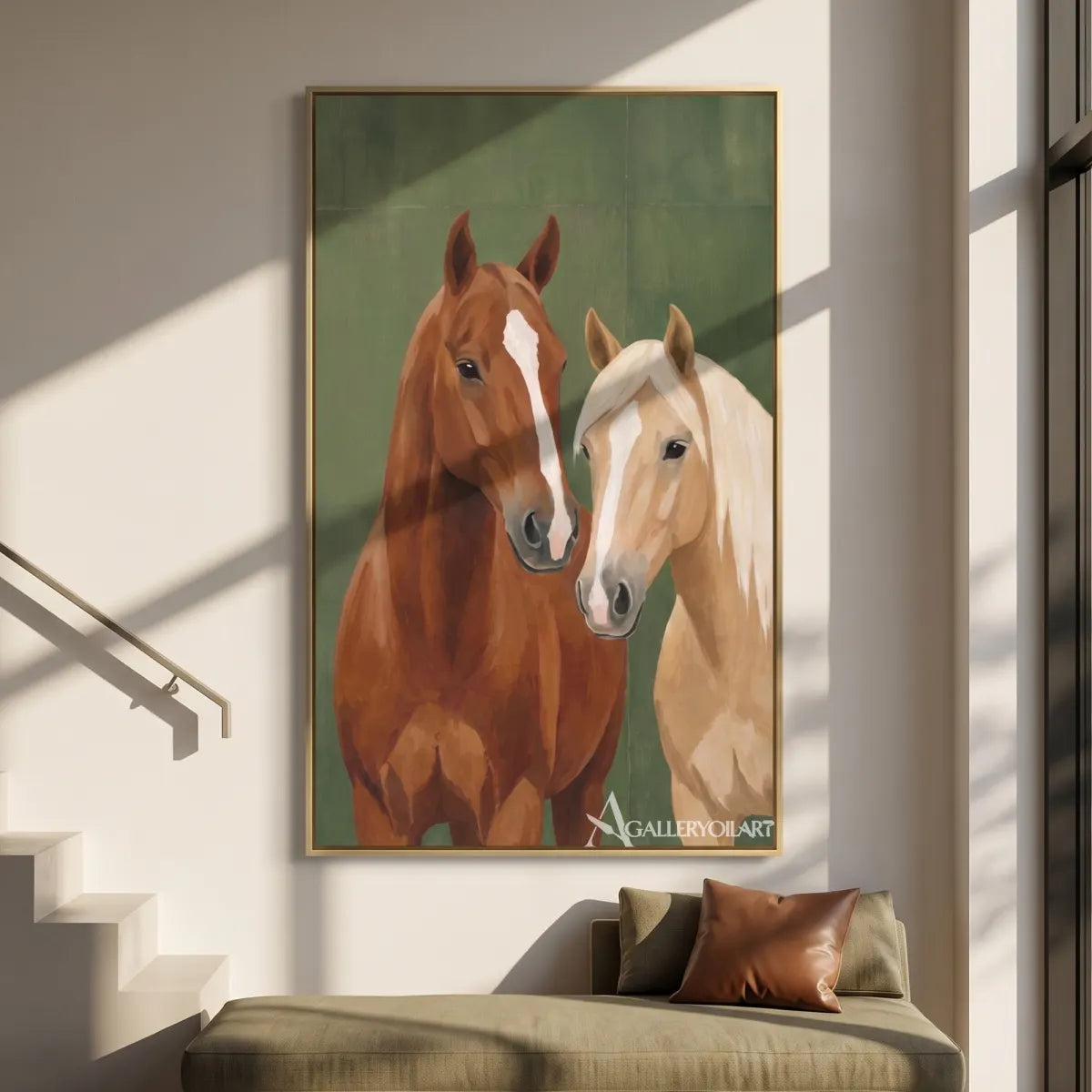 Animal art portrait of two horses in a calm green setting-in-gallery-wall