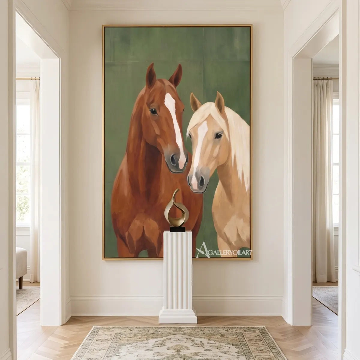 Animal art portrait of two horses in a calm green setting-in-hallway