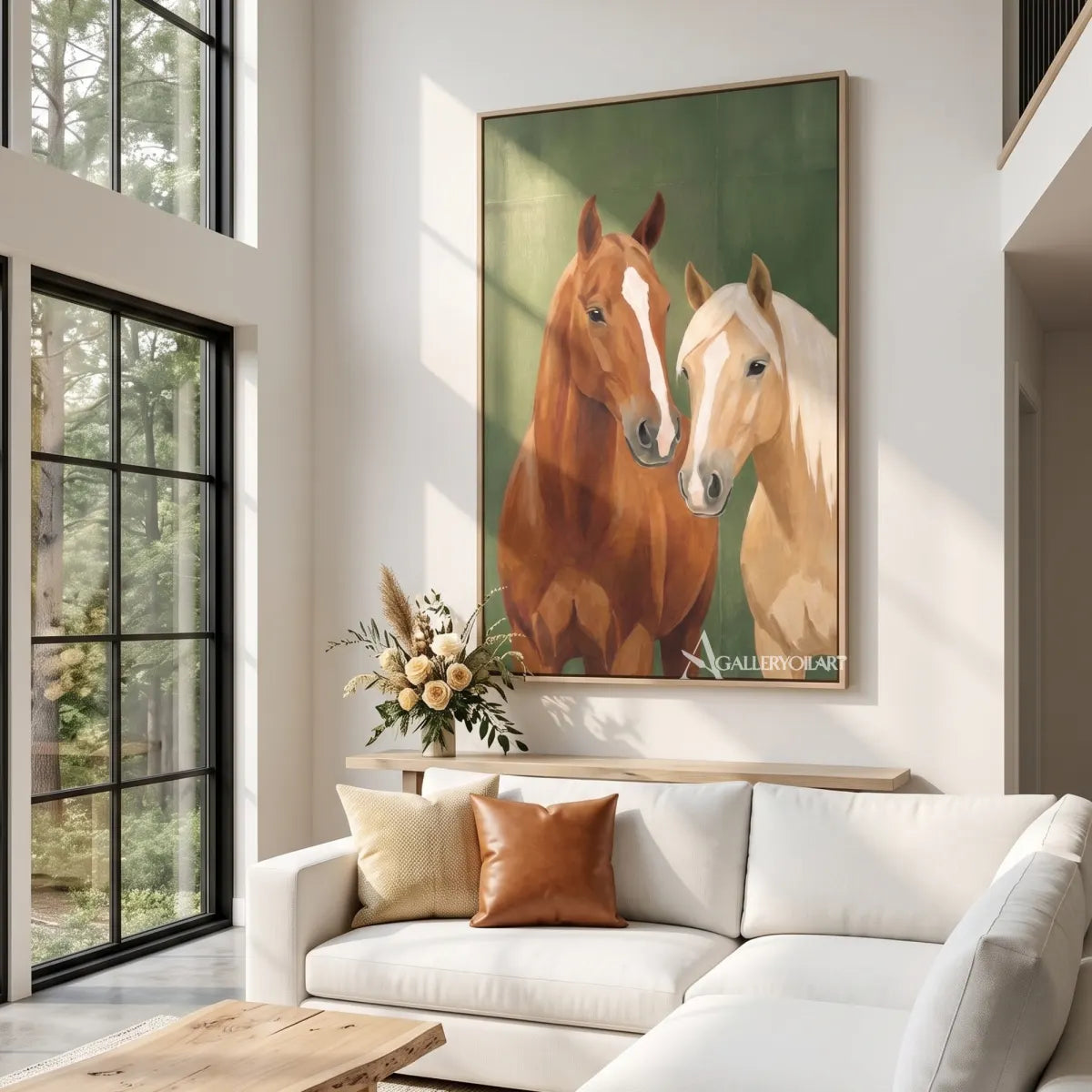 Animal art portrait of two horses in a calm green setting-in-living-room