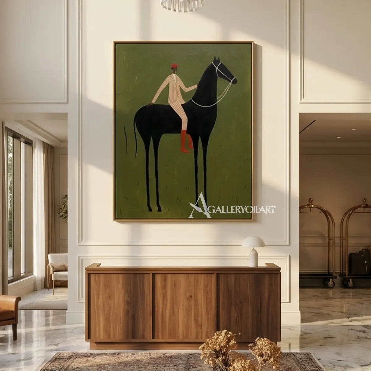 Two-hatted-riders-on-dark-horses-against-a-muted-green-painted-field
