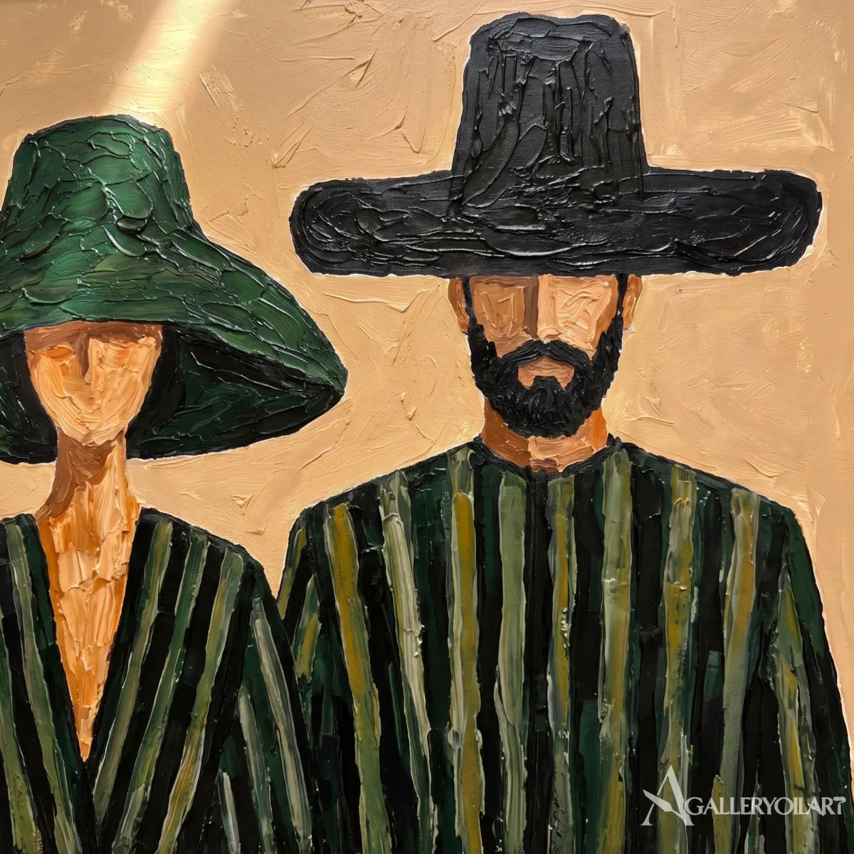 portrait-art-painting-of-two-figures-in-wide-brimmed-hats-with-olive-green-and-black-clothing-in-a-close-up