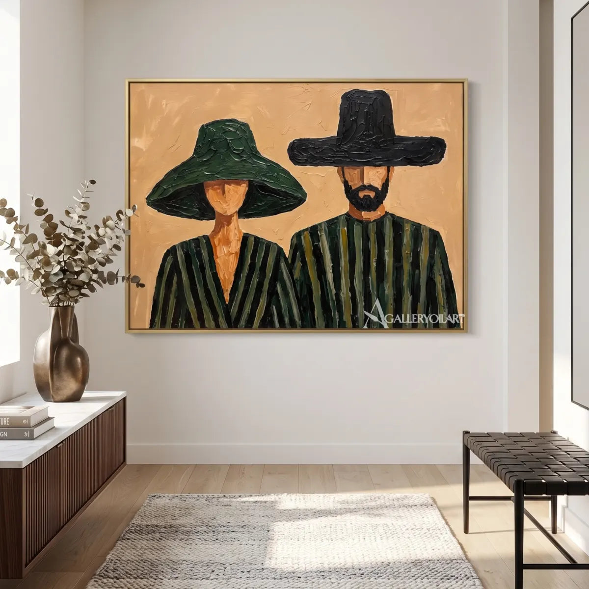 portrait-art-painting-of-two-figures-in-wide-brimmed-hats-with-olive-green-and-black-clothing-in-a-entryway