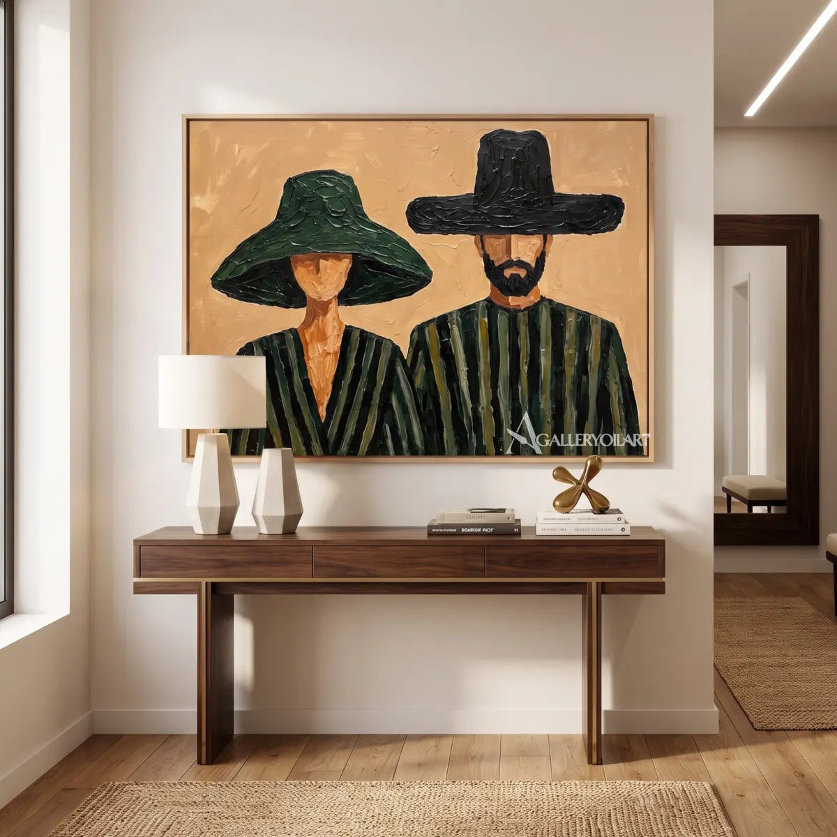 portrait-art-painting-of-two-figures-in-wide-brimmed-hats-with-olive-green-and-black-clothing-in-a-hallway