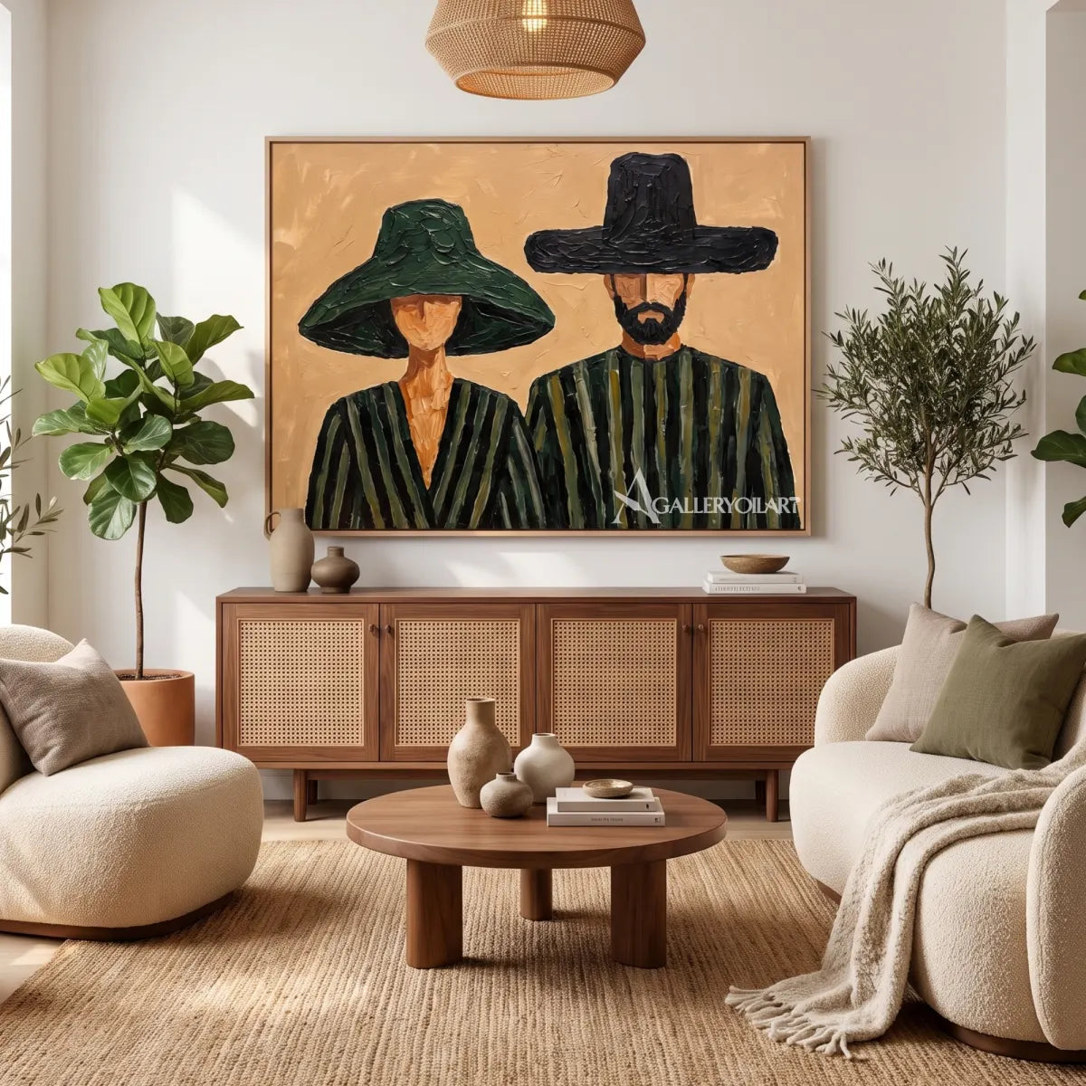 portrait-art-painting-of-two-figures-in-wide-brimmed-hats-with-olive-green-and-black-clothing-in-a-lounge
