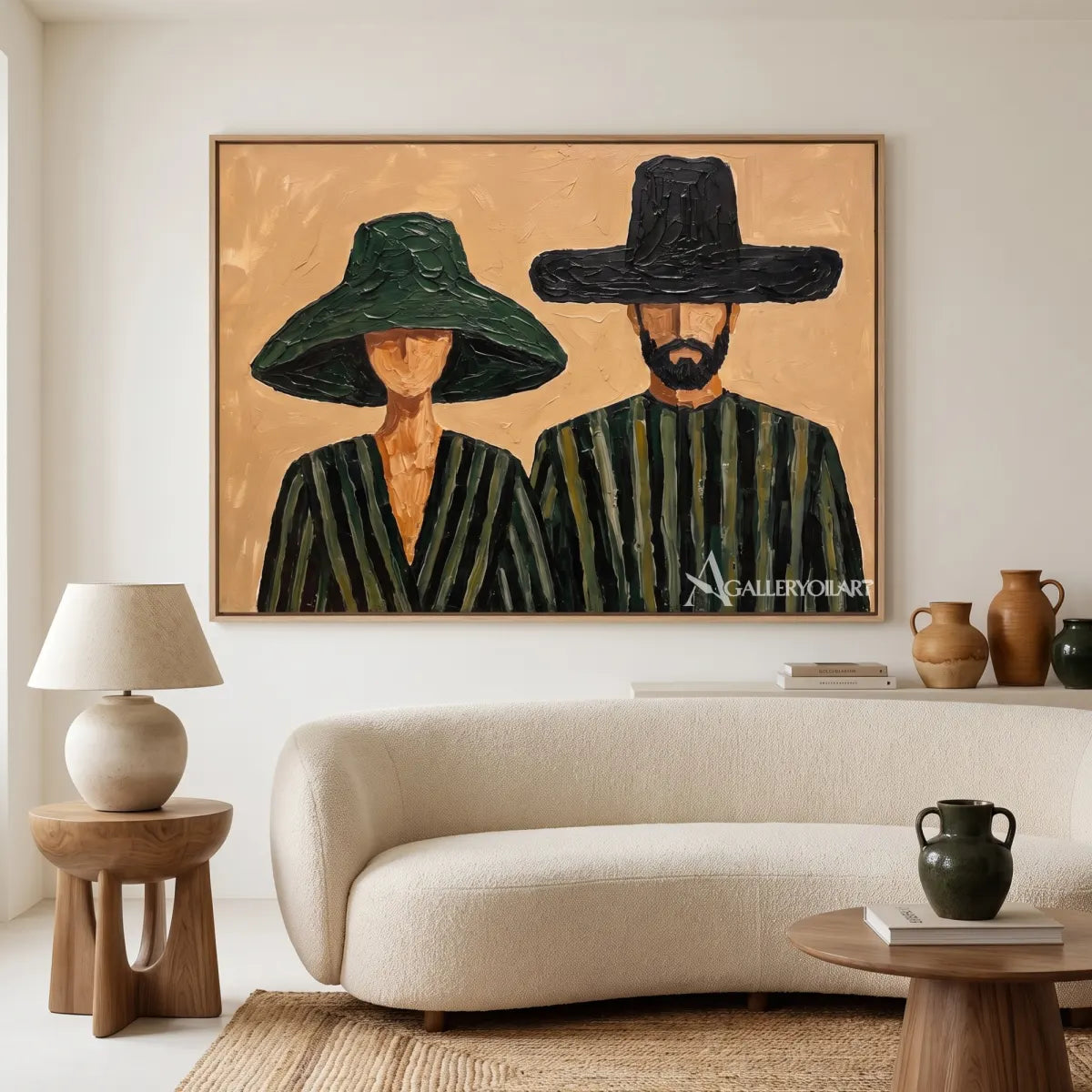 portrait-art-painting-of-two-figures-in-wide-brimmed-hats-with-olive-green-and-black-clothing-in-a-seating-area