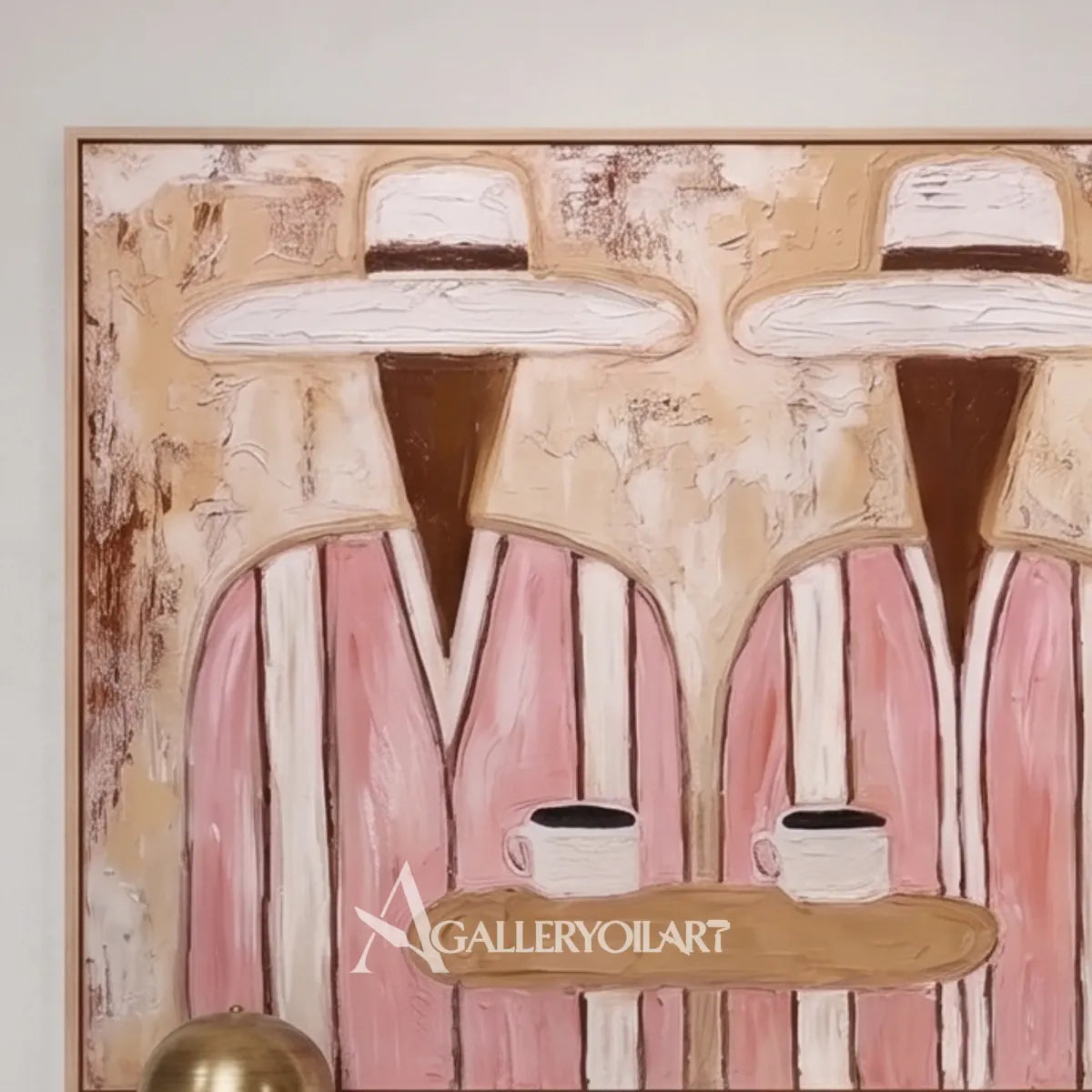 Close-up-portrait-art-of-two-hatted-figures-in-pink-striped-garments-against-textured-beige