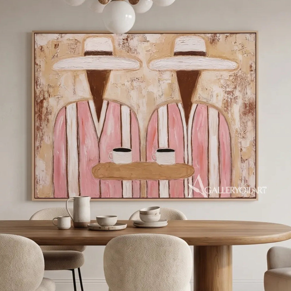 Portrait-art-painting-of-two-hatted-figures-in-pink-striped-garments-against-textured-beige-in-a-dining-room