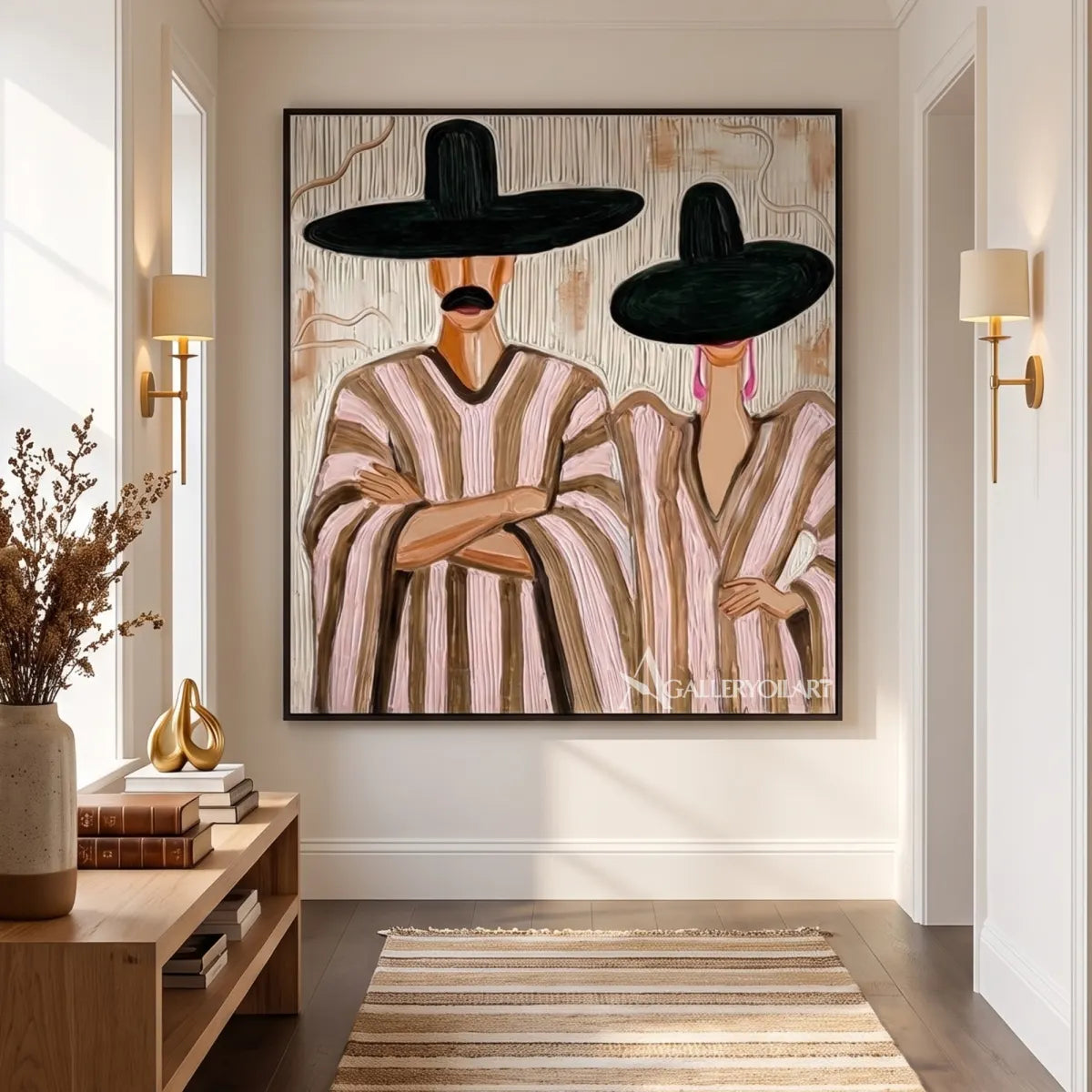 Two-figures-in-striped-garments-and-hats-in-a-square-beige-portrait-painting-in-a-corridor
