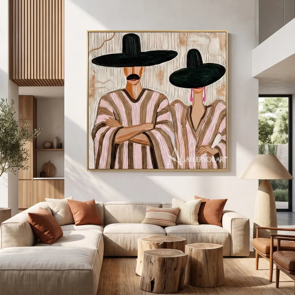 Pair-of-hatted-figures-in-earthy-striped-clothing-in-a-warm-neutral-portrait-painting-in-a-living-room