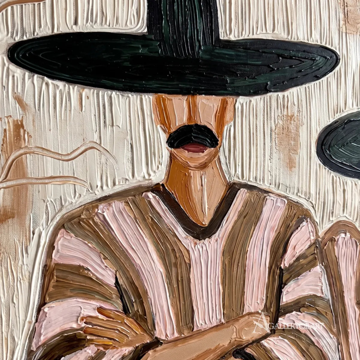 Close-up-of-dark-wide-brims-and-striped-poncho-brushwork-in-a-beige-portrait-painting