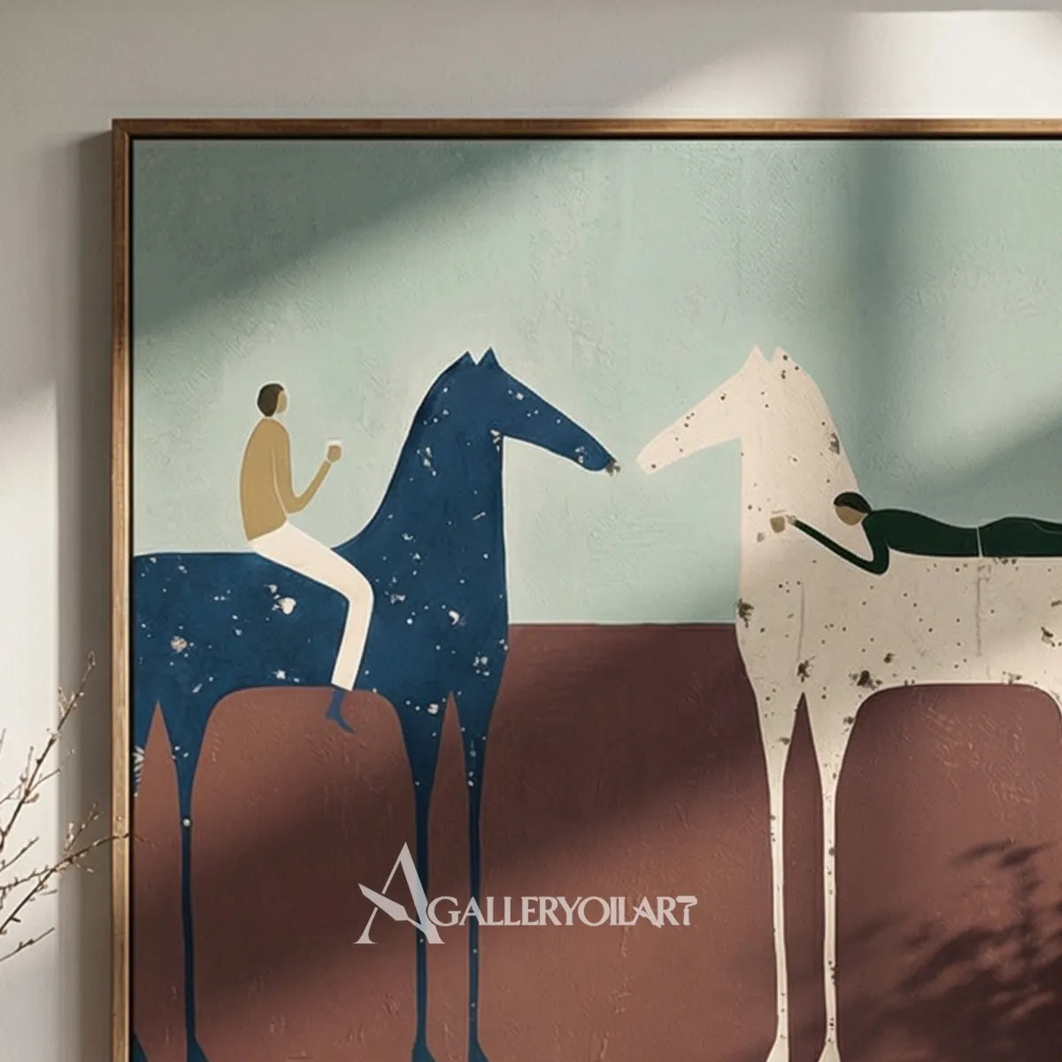 Close-view-of-Western-cowboy-art-showing-a-rider-and-blue-horse-facing-a-pale-horse-over-rust-brown-ground