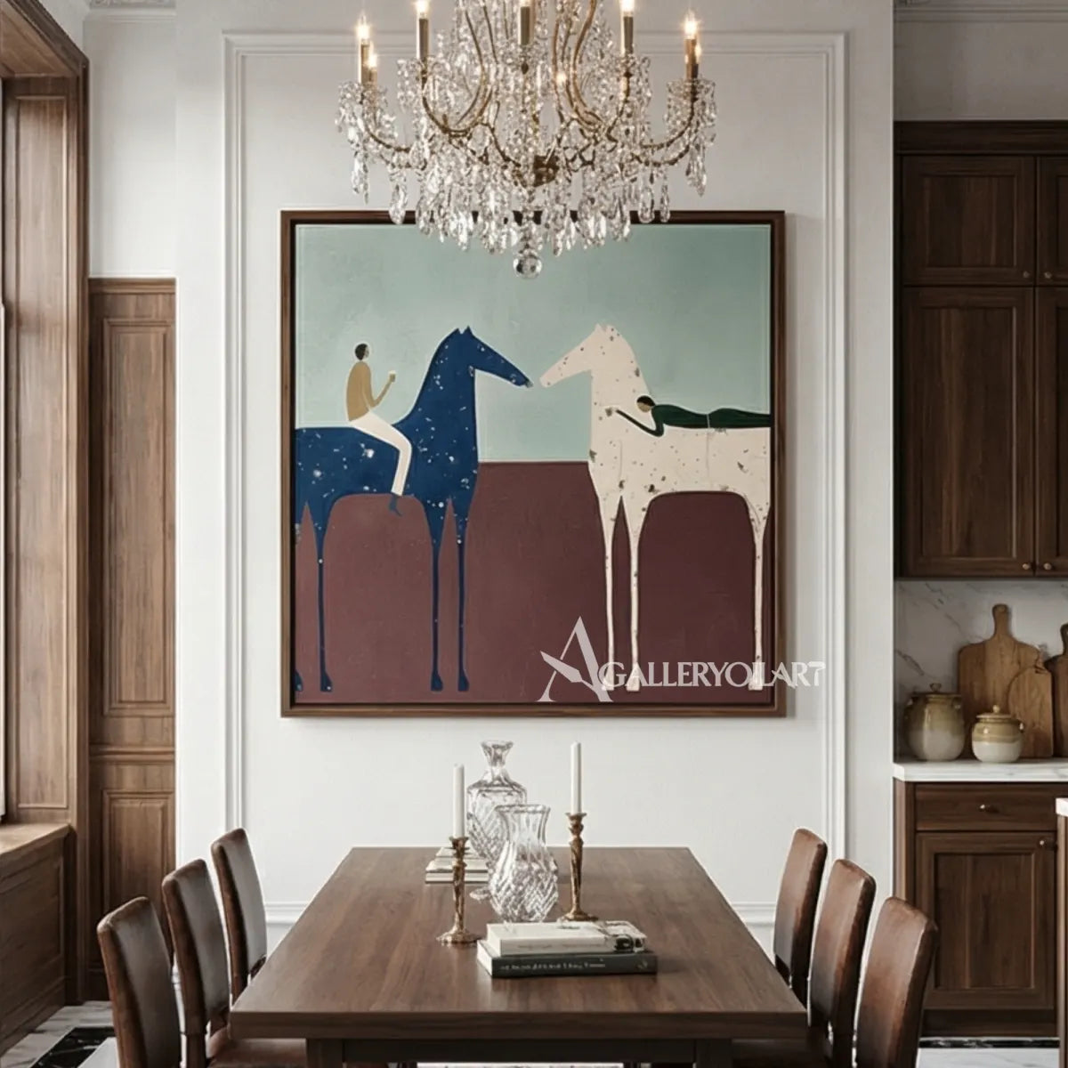 Western-cowboy-art-of-a-rider-on-a-blue-horse-meeting-a-pale-horse-across-a-rust-brown-field-in-a-dining-room