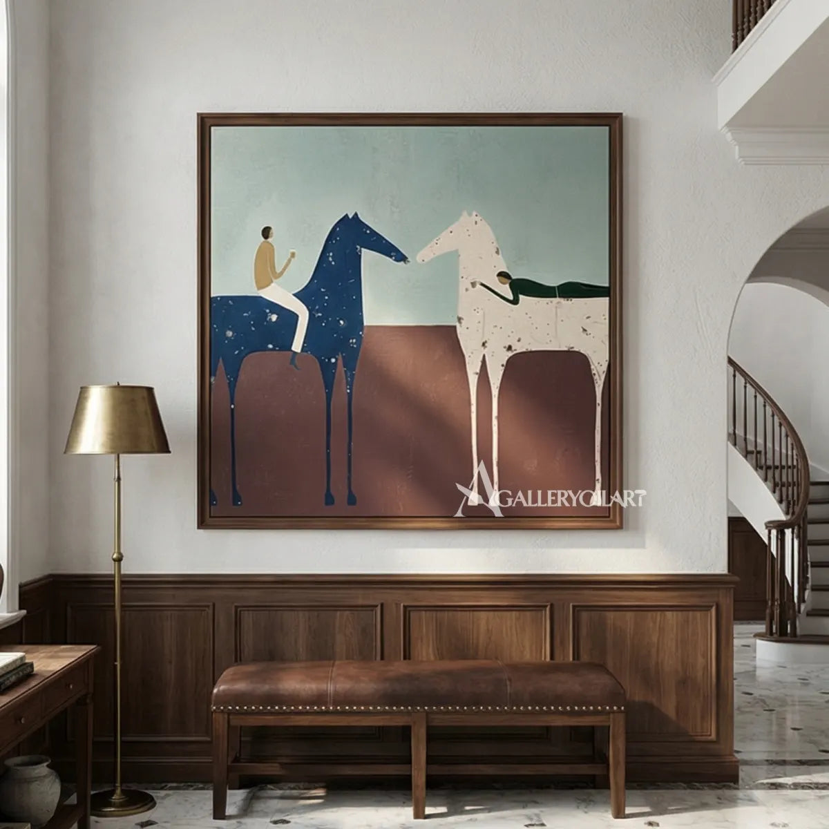 Western-cowboy-art-of-a-rider-on-a-blue-horse-meeting-a-pale-horse-across-a-rust-brown-field-in-a-hallway