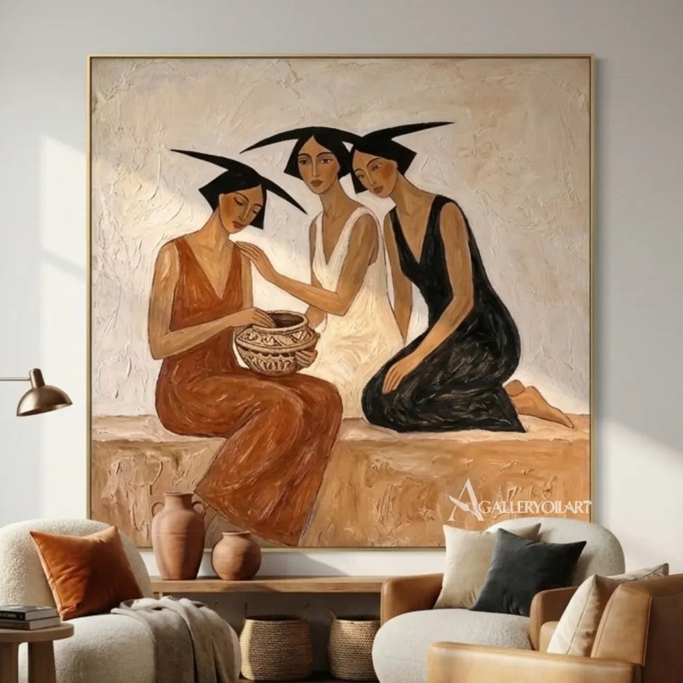 two-seated-women-gathered-around-a-patterned-bowl-in-beige-portrait-art-displayed-in-a-reading-room