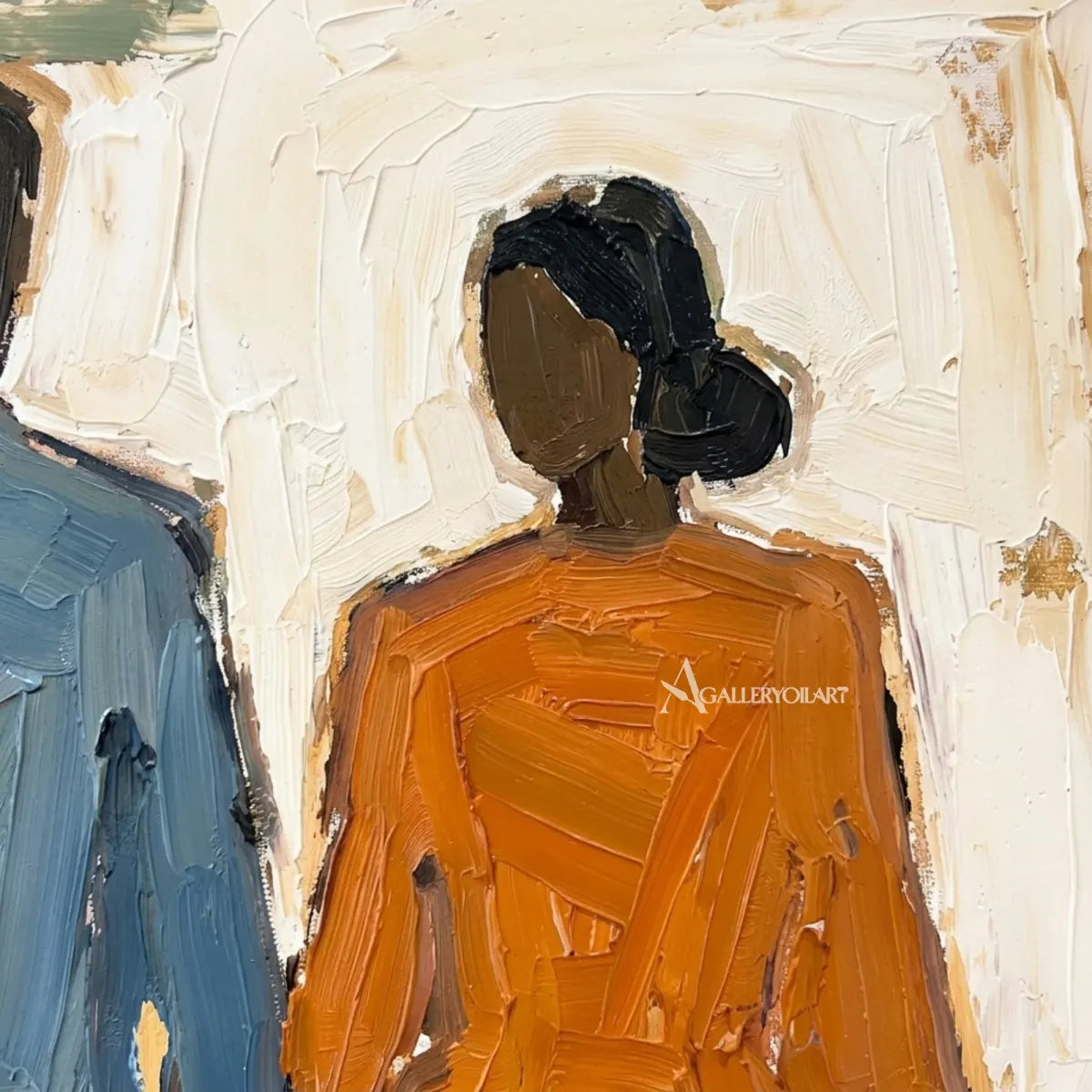 Close-up-of-two-walking-figures-in-blue-and-orange-with-brushy-cream-and-tan-paint