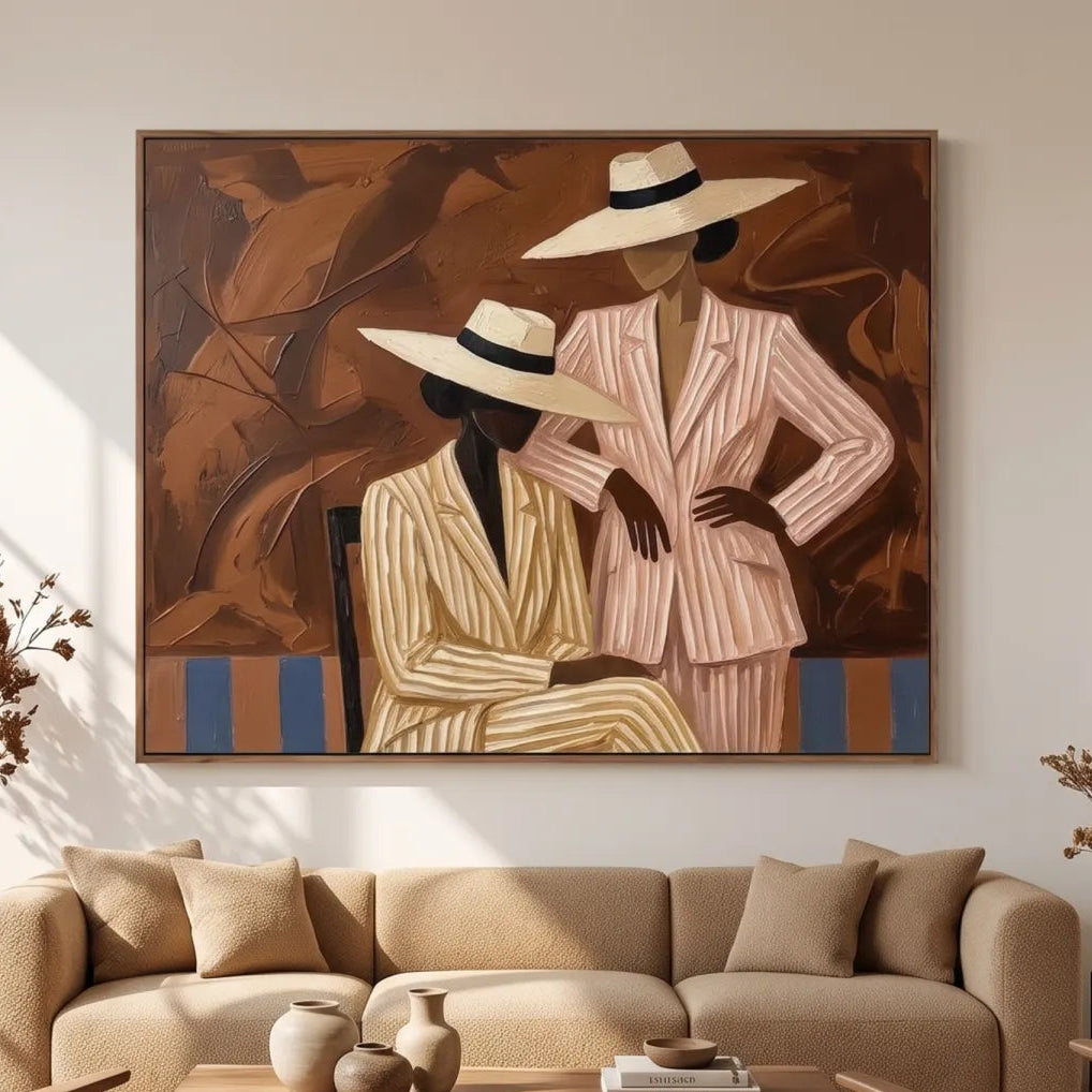 Two-women-in-portrait-art-cream-and-brown-in-a-gathering-room