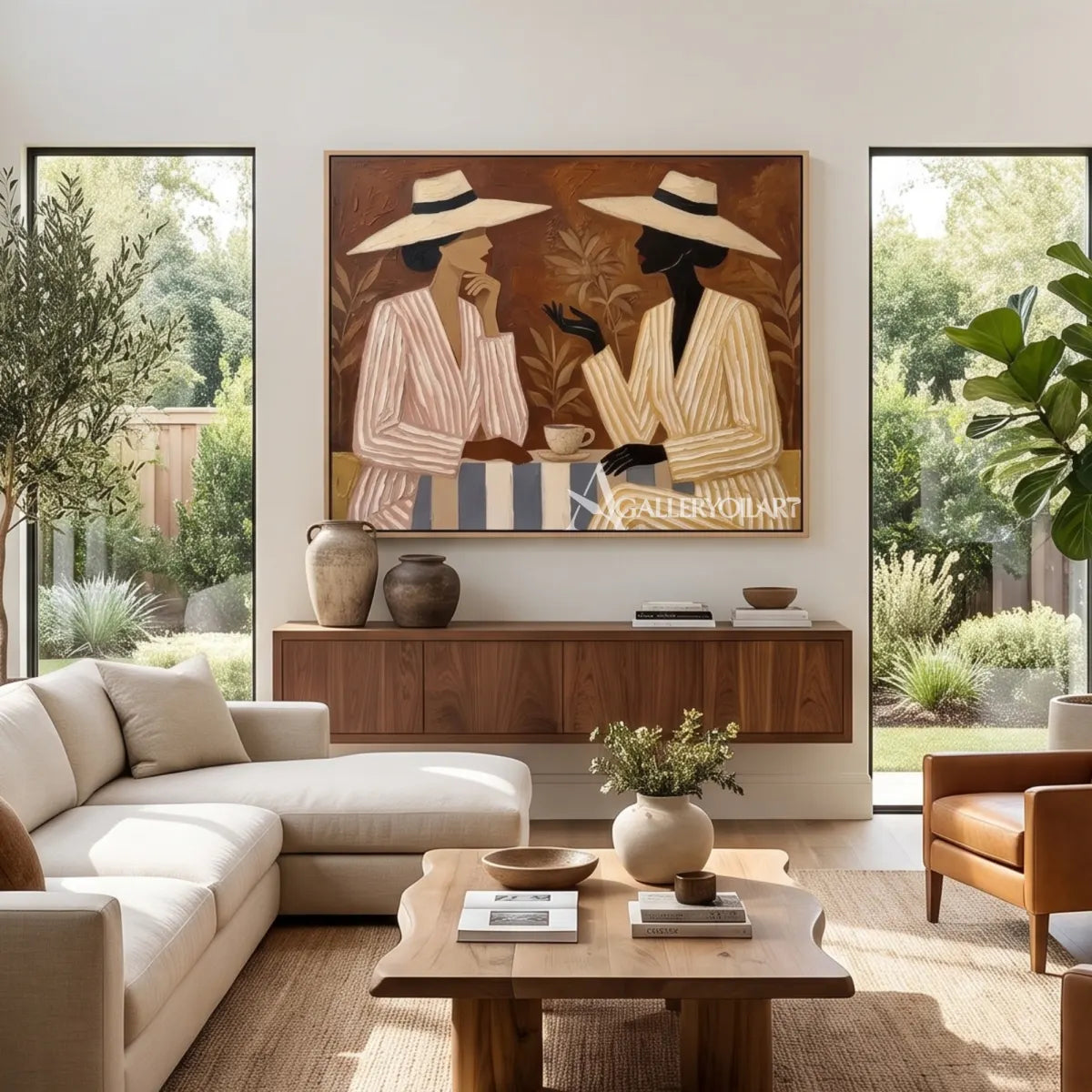 Two-women-at-a-small-table-in-a-warm-beige-portrait-painting-over-a-sofa-in-a-double-height-living-room