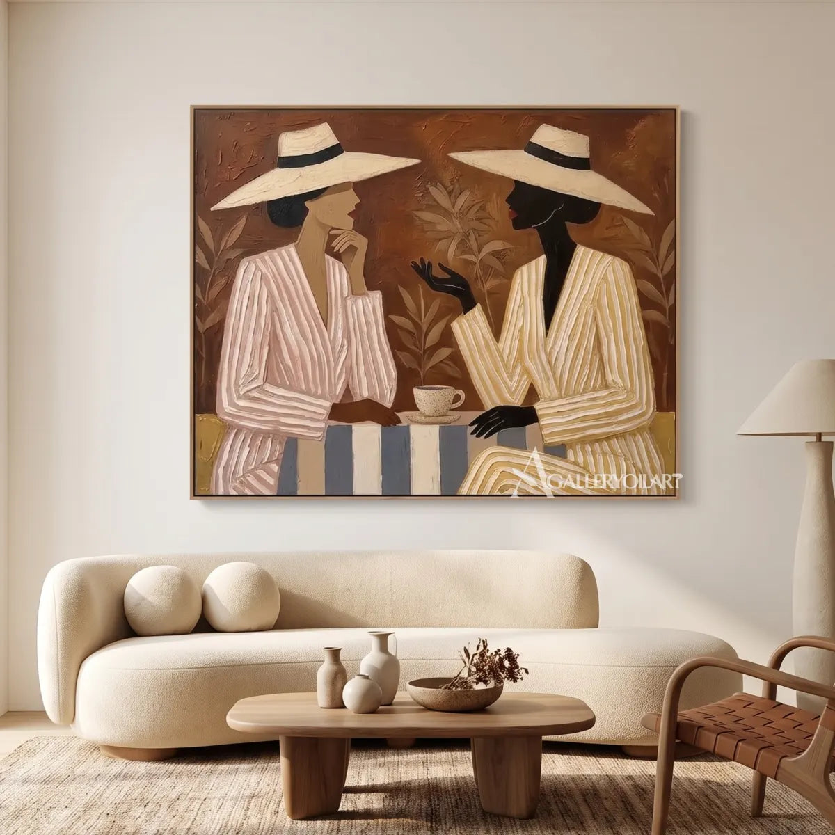 Two-women-sharing-a-table-in-a-warm-neutral-portrait-painting-in-a-gallery-style-lounge