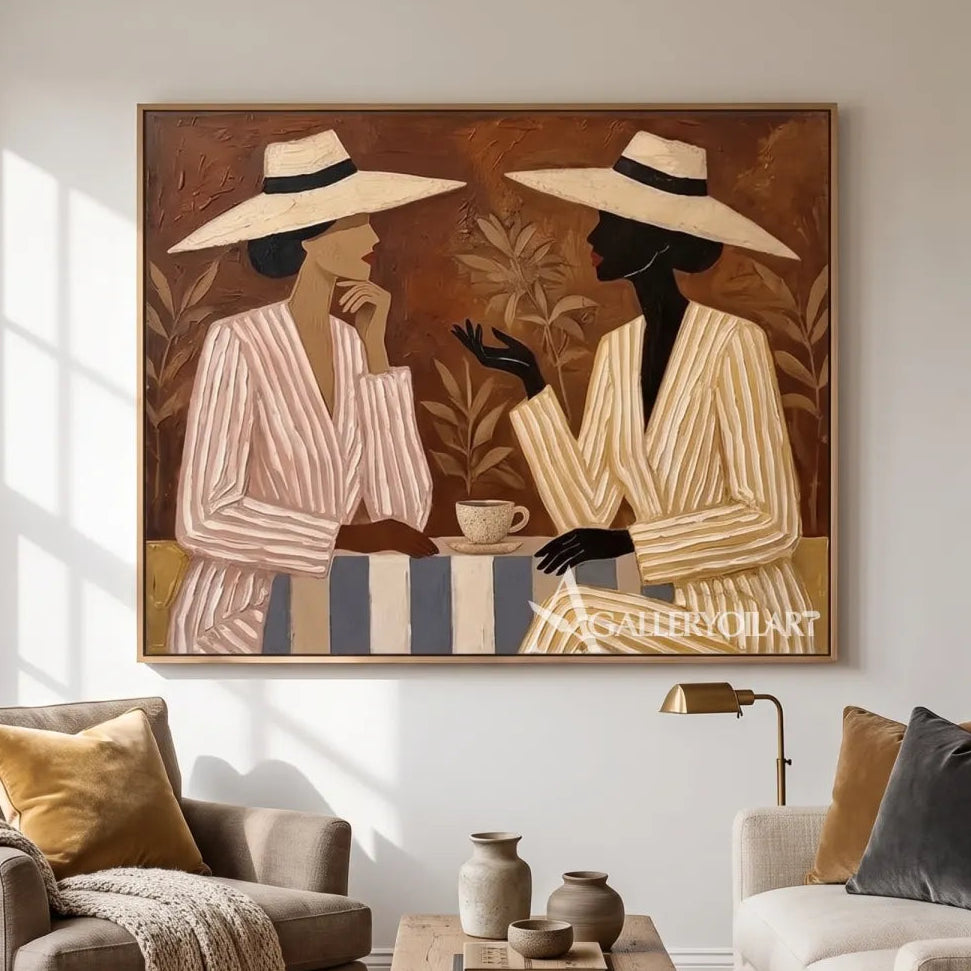 Two-women-in-broad-hats-seated-across-a-table-in-a-beige-toned-portrait-painting-displayed-in-a-reading-lounge
