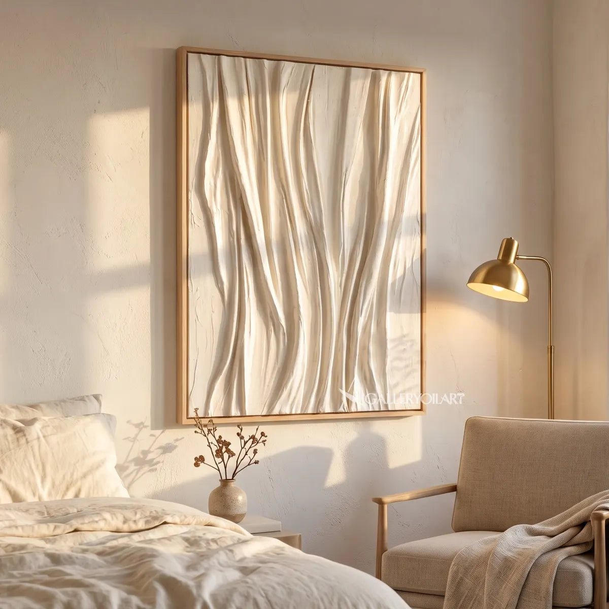 Textured 3D vertical draped rhythm in white relief in a bedroom reading nook