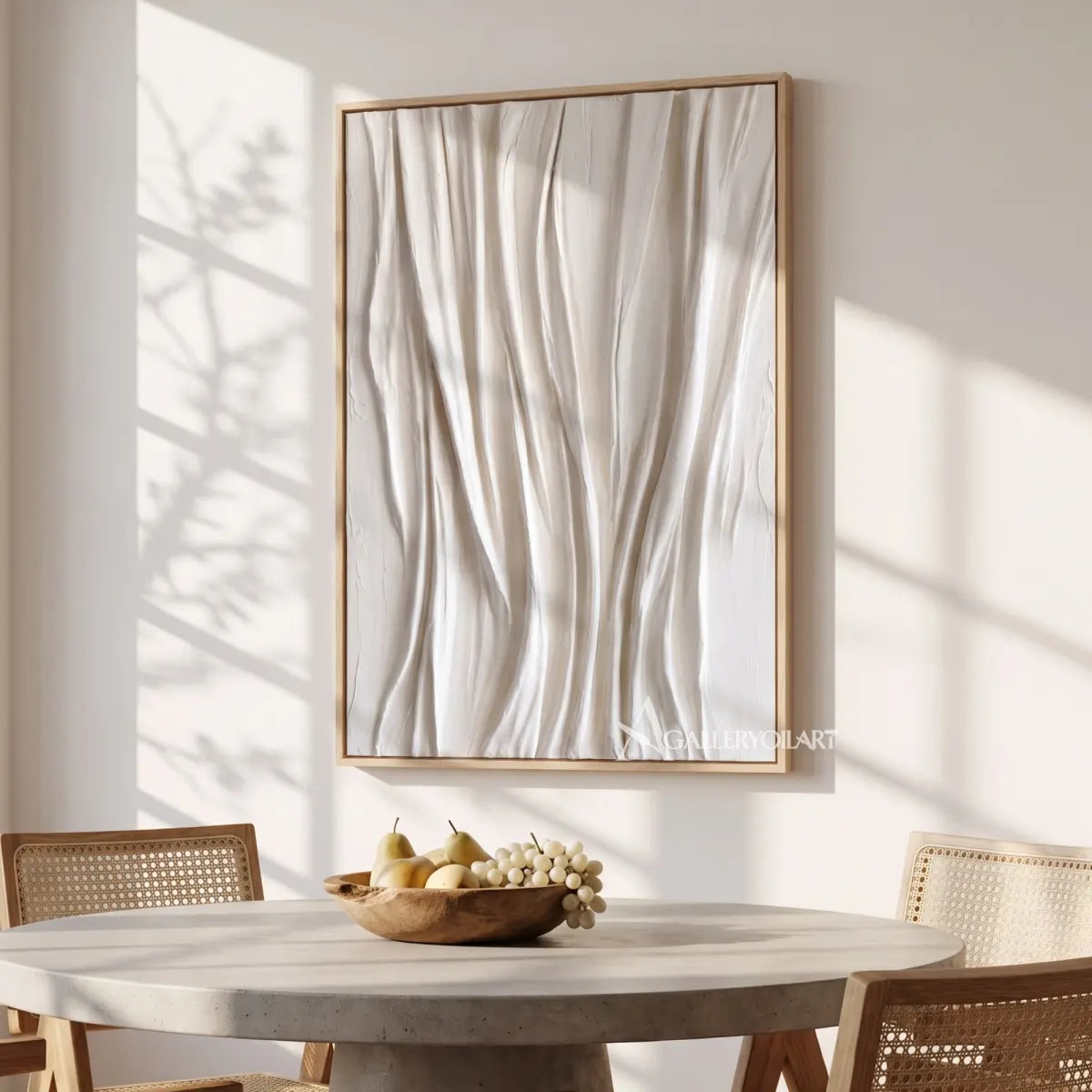 Textured 3D vertical draped rhythm in white relief in a dining room
