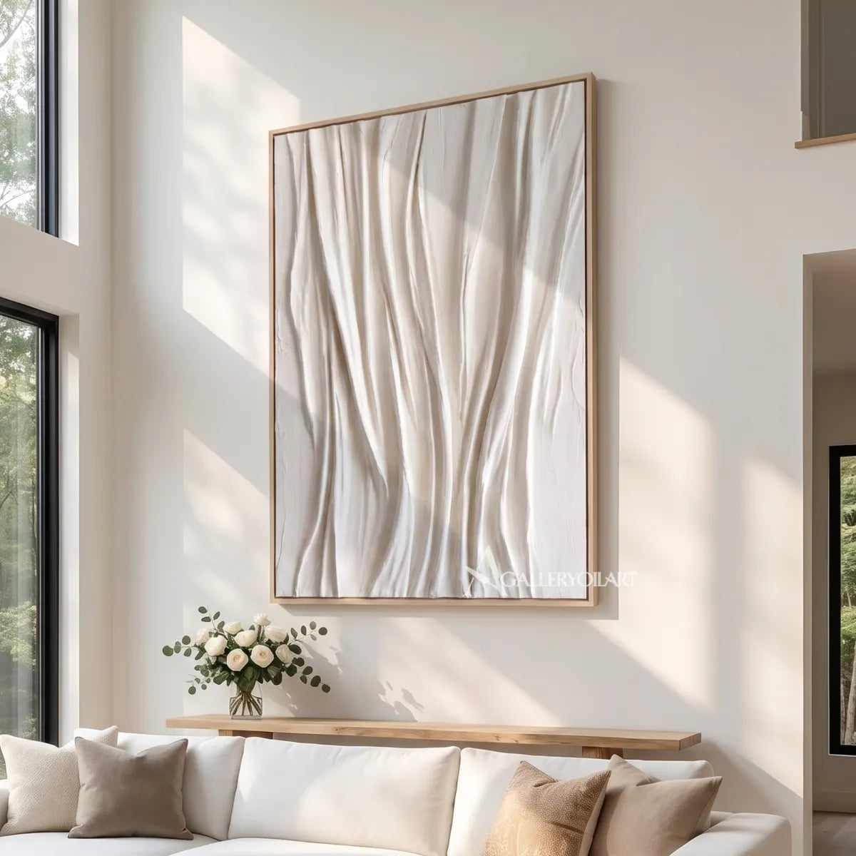 Textured 3D vertical draped rhythm in white relief in a living room